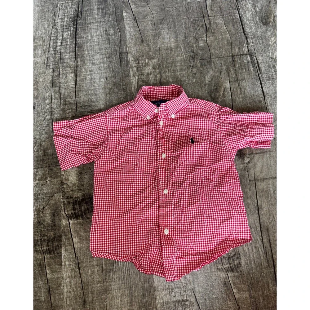 Ralph Lauren Boys Red White Gingham Short Sleeve Button Down Shirt 3T Cotton